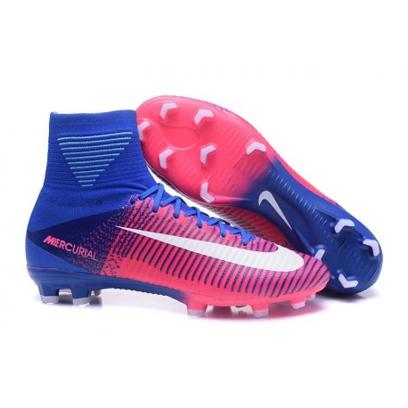 Nike Mercurial Superfly V FG Nouvelle Chaussures de Foot Rose Bleu Blanc